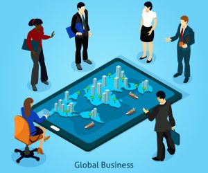 Global business isometric composition icons set with people standing around tablet vector illustration